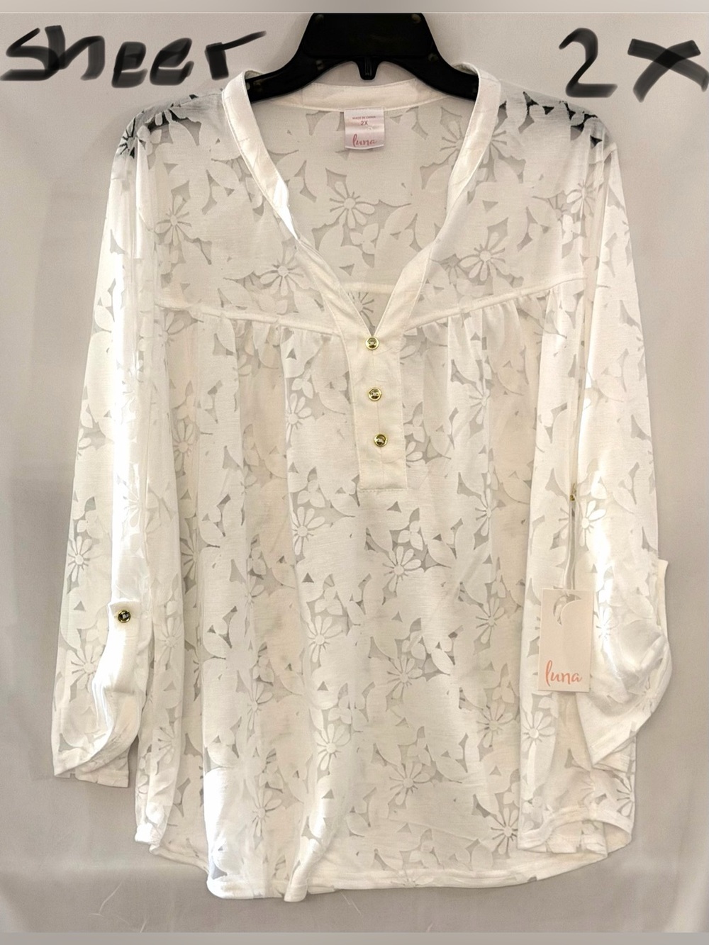 Luna Women's Sheer White Floral Henley Blouse